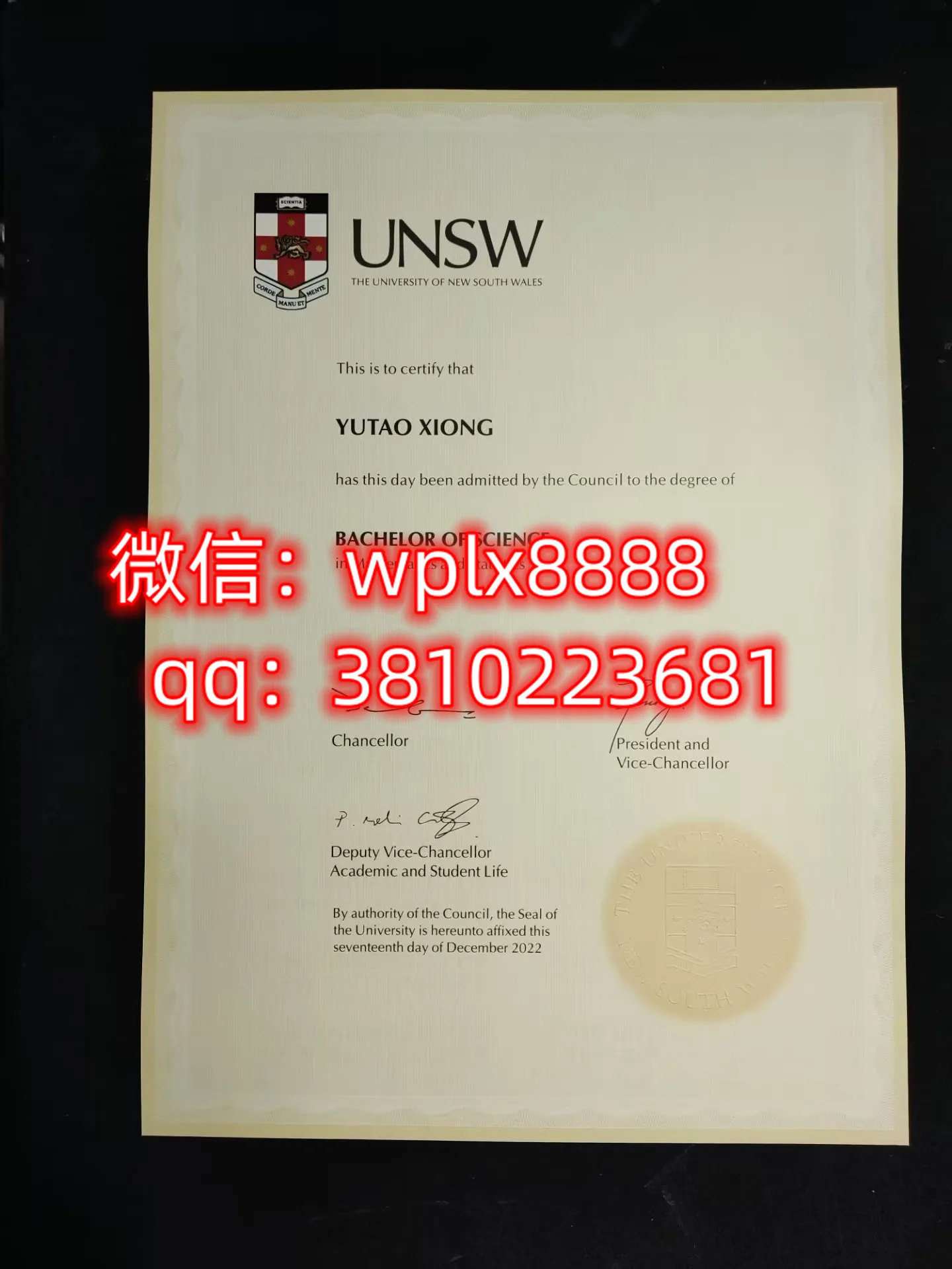 新南威尔士大学毕业证样本成绩单模板