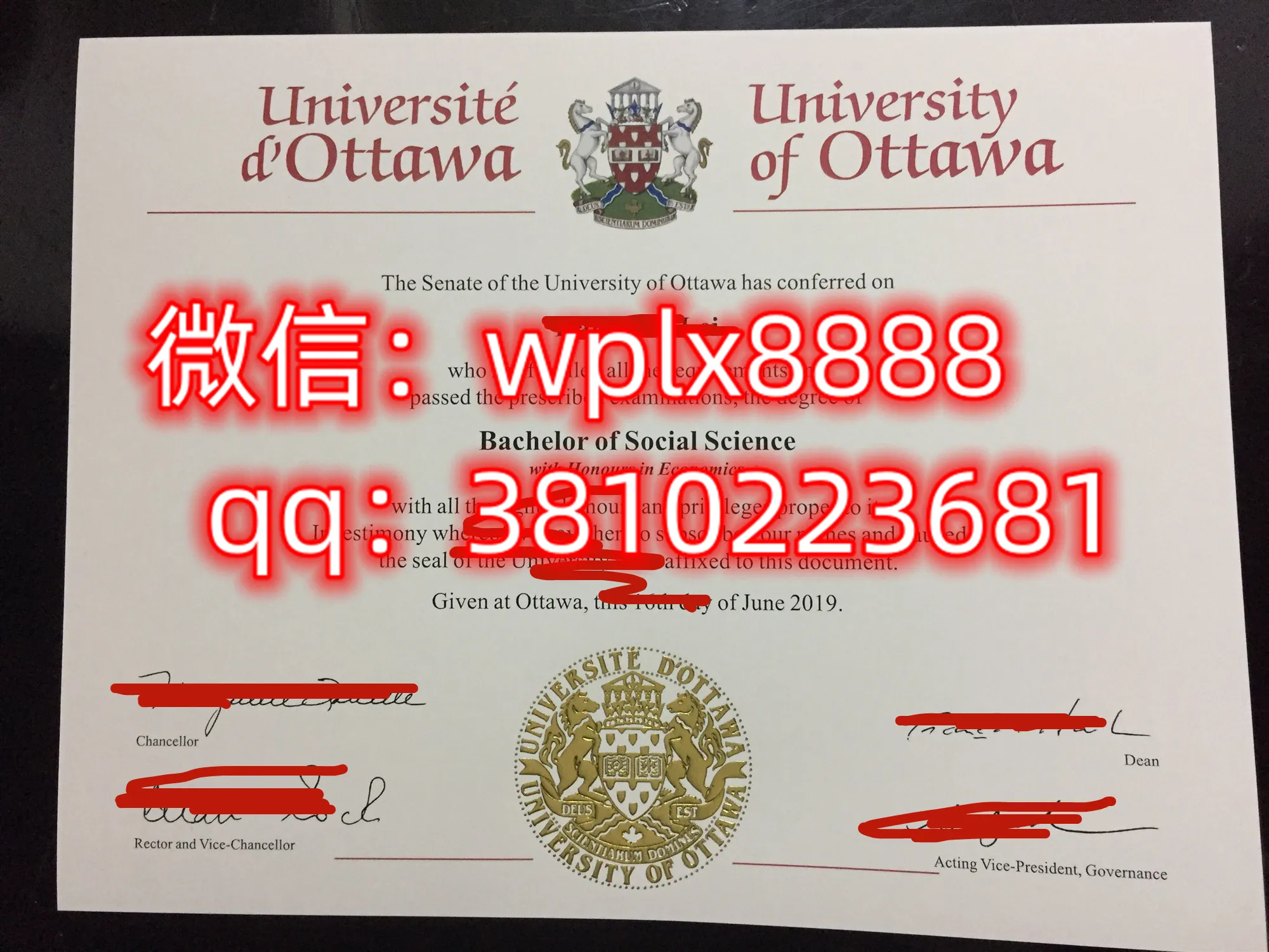 渥太华大学毕业证样本成绩单模板