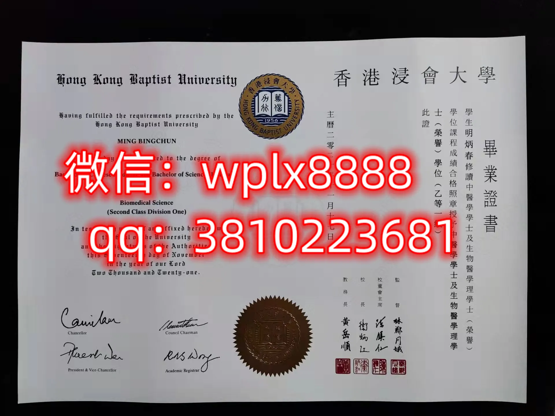 香港浸会大学毕业证样本成绩单模板